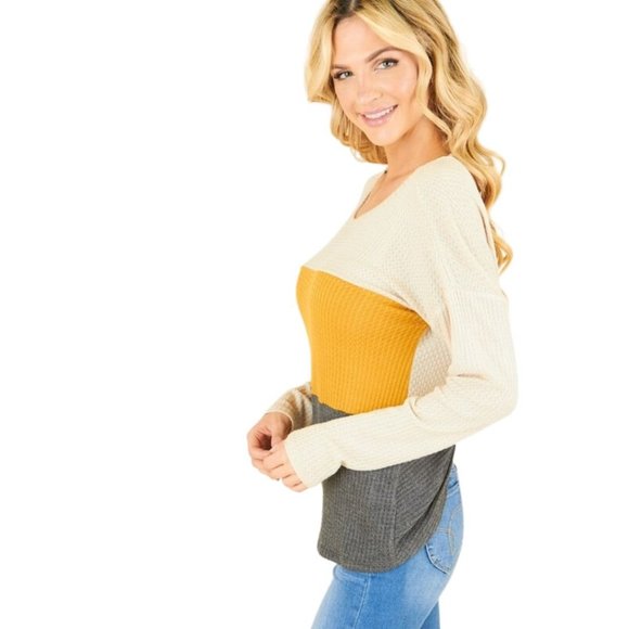 PS KATE Mustard Gray Waffle Knit Color Block Long Sleeve Top Open Back 11243 - Picture 3 of 15